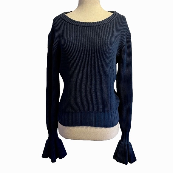 Revolve MILLY Crew Neck Ribbed Bell Sleeve Sweater in Navy - Picture 1 of 6